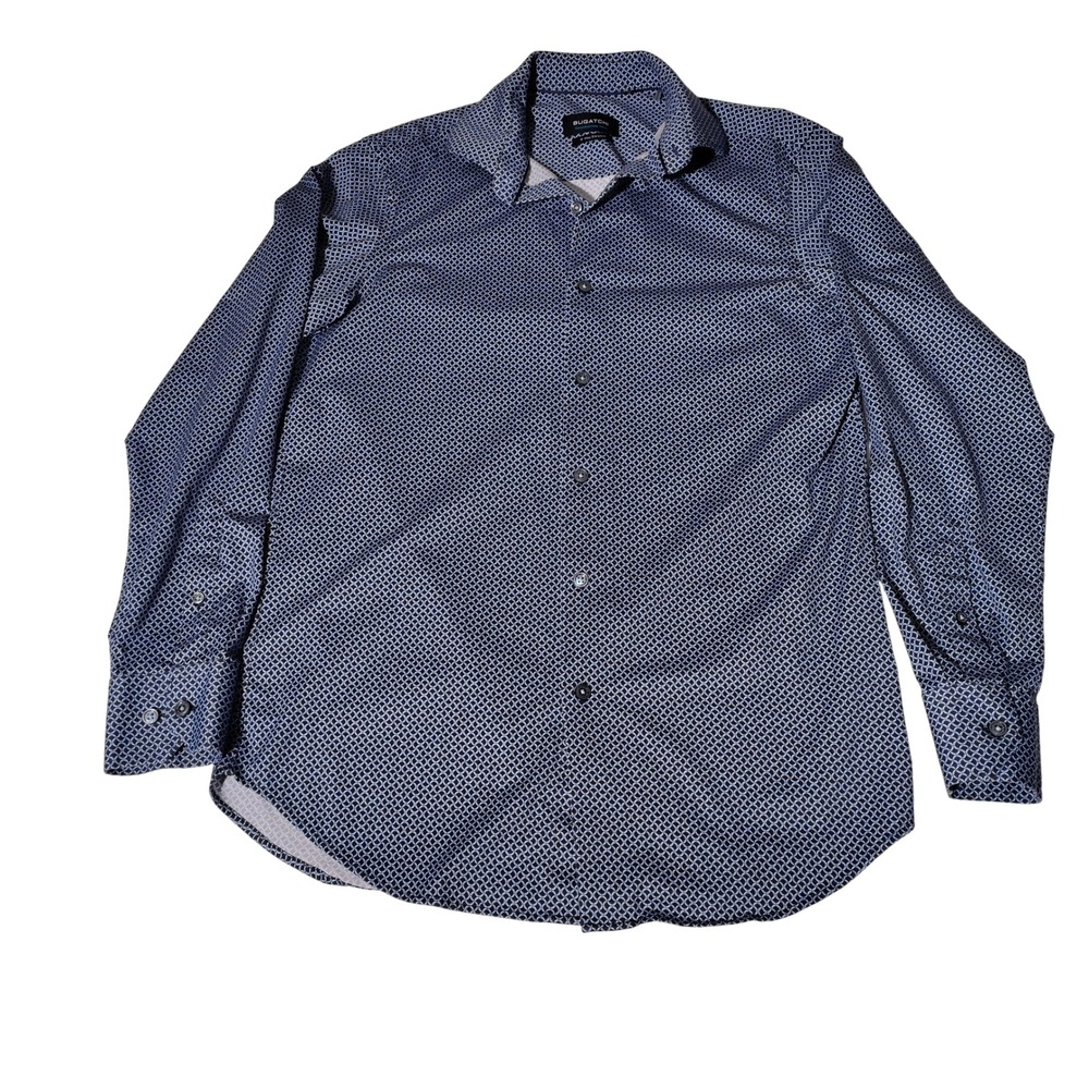 Bugatchi OoohCotton Tech Navy Blue Geometric 8-Way Stretch Button Down Shirt S
